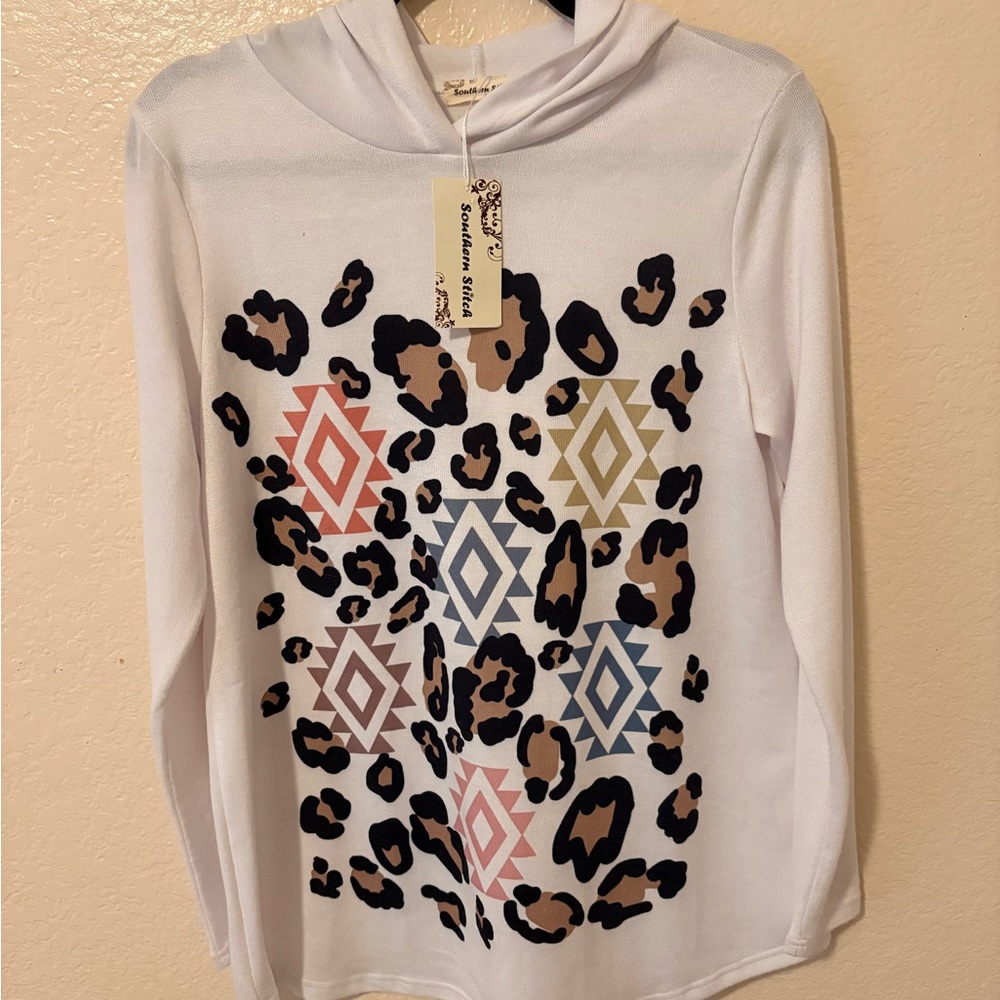 White Leopard Print Hoodie with Geometric Accents